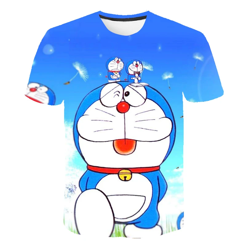 

2021 Summer Fashion Unisex Cartoon Blue Cat T-shirt Children Boys And Girls Short Sleeves Tees Cotton Tops For Clothes 4T-14T