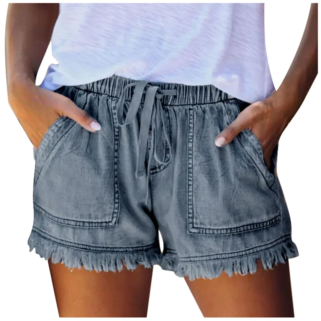 

Woman Jeans Shorts Blue Tassel LaceUp Mid Waist Wide Shorts Pantalon Corto Mujer Summer Bermuda Shorts For Women Breeches Denim