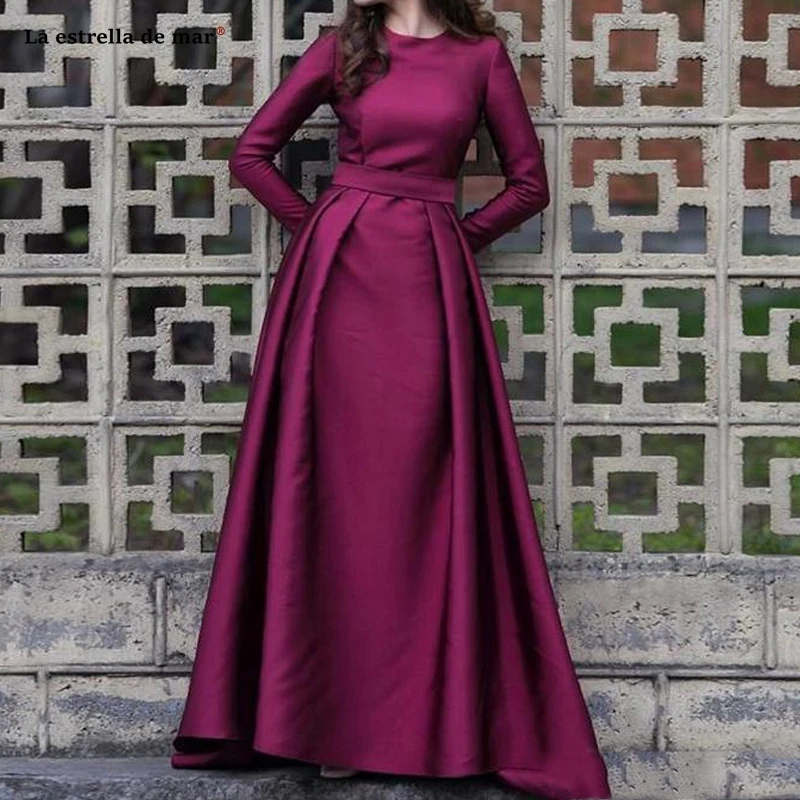 vestidos de fiesta largos elegantes gala new satin long sleeve A Line Fuchsia Arab Muslim Evening Gowns sukienka wieczorowa s | Свадьбы и