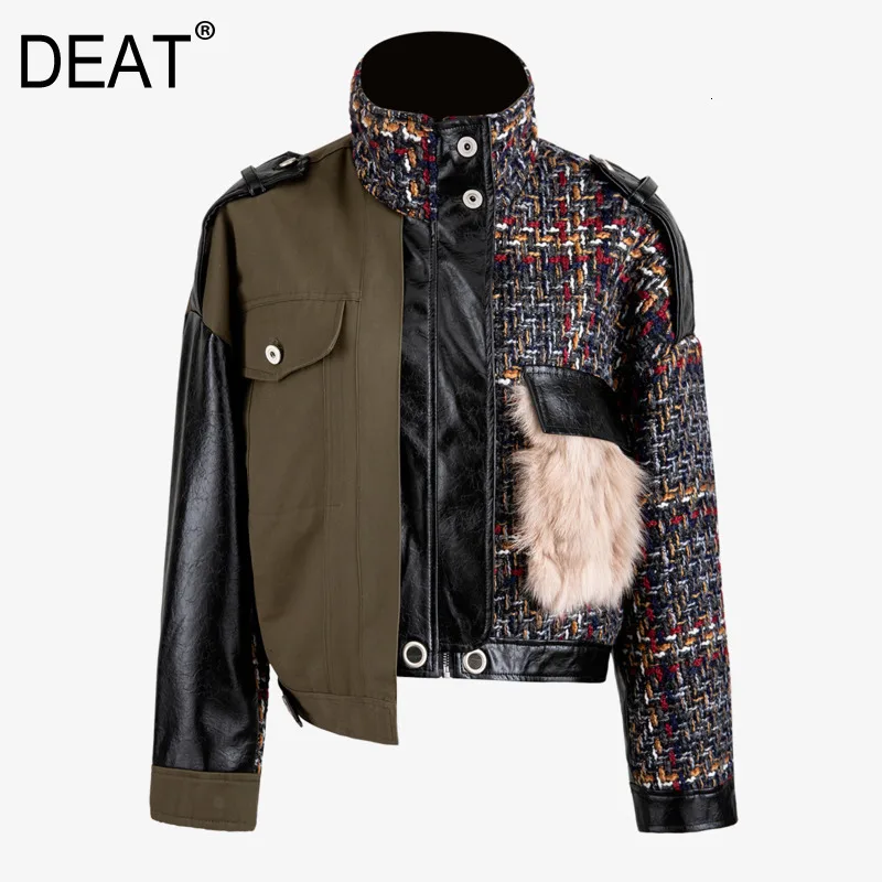 DEAT новинка 2019 водолазка длинный рукав мех в клетку искусственная кожа шерсть