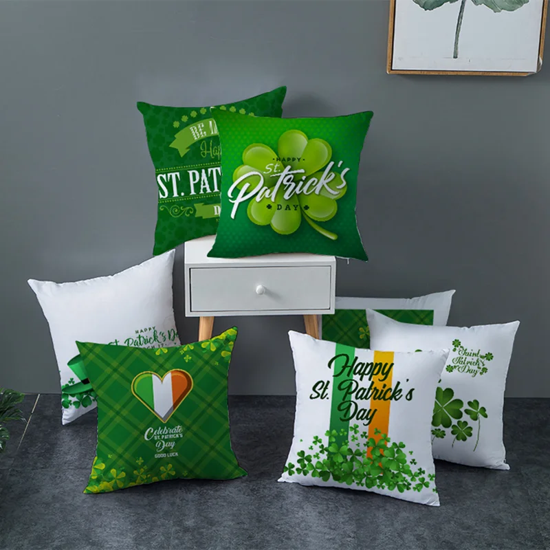 

Spring Green Leaves Cushion Cover Happy St.Patricks Day Decoration Sofa Pillows Case Home Decor Irish Shamrock Party Supplies