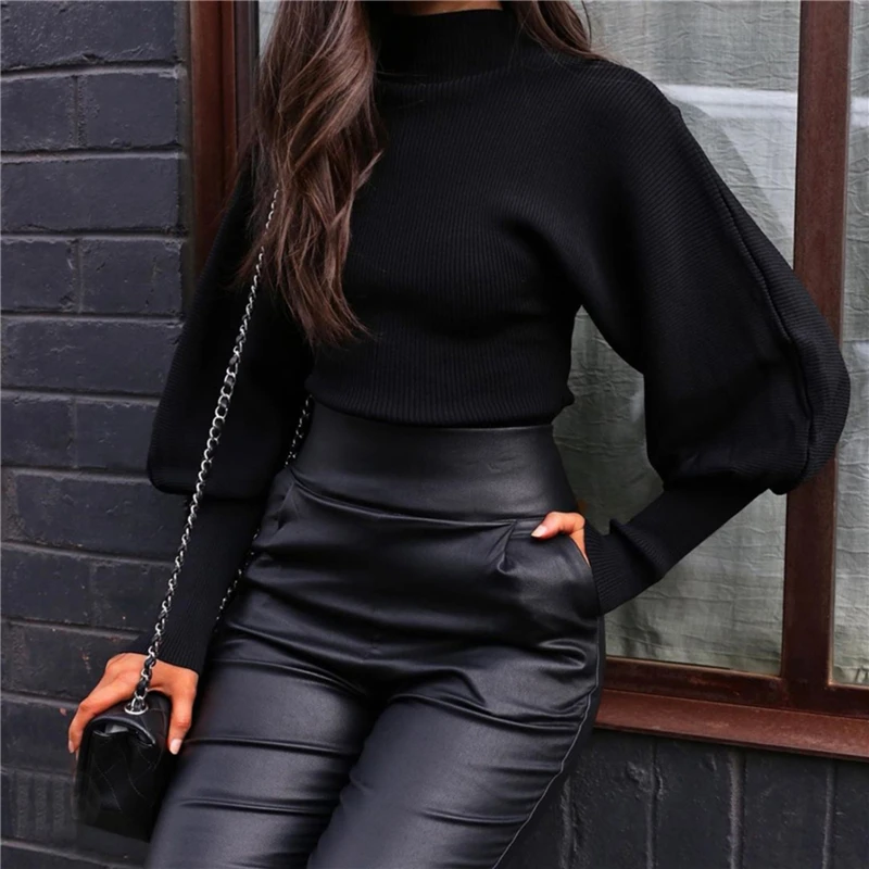 

Autumn Ladies Knitted Sweaters Fashion Turtleneck Lantern Sleeves Solid Color Short Pullover 2020 Winter Elegant Women Sweater