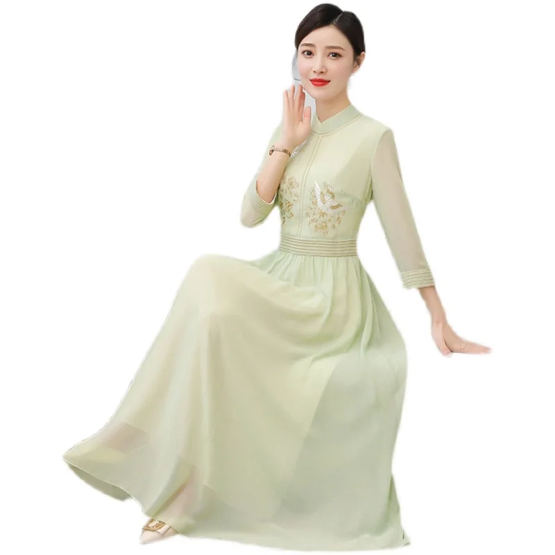 

COIGARSAM 3XL Plus Size Cheongsam Embroidery Women dress New Spring Summer Fashion Dresses White Green 8109