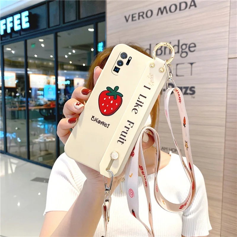phone holder case for huawei p30 p40 mate 20 30 pro honor 8x 9x fruit square side cartoon soft tpu neck wrist strap lanyard case free global shipping