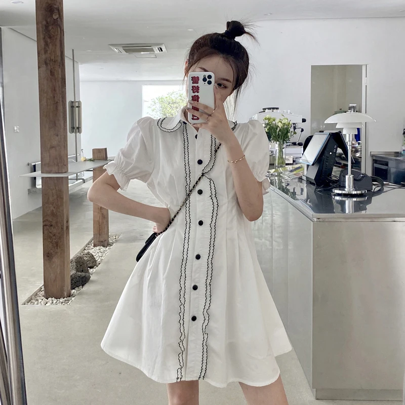 Женское Плиссированное Платье рубашка с оборками повседневное белое платье