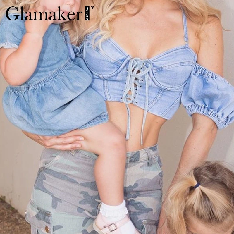 Glamaker Сексуальная джинсовая женская блузка Женский Топ Женская кружевная элегантная рубашка с пышными рукавами осенняя синяя Зимняя Блузка укороченная рубашка