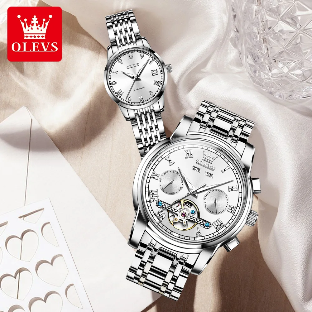 OLEVS Mens And Women Watches Luxury Lovers Watch Gift Couple watch Steel strap waterproof mechanical watch relogio masculino
