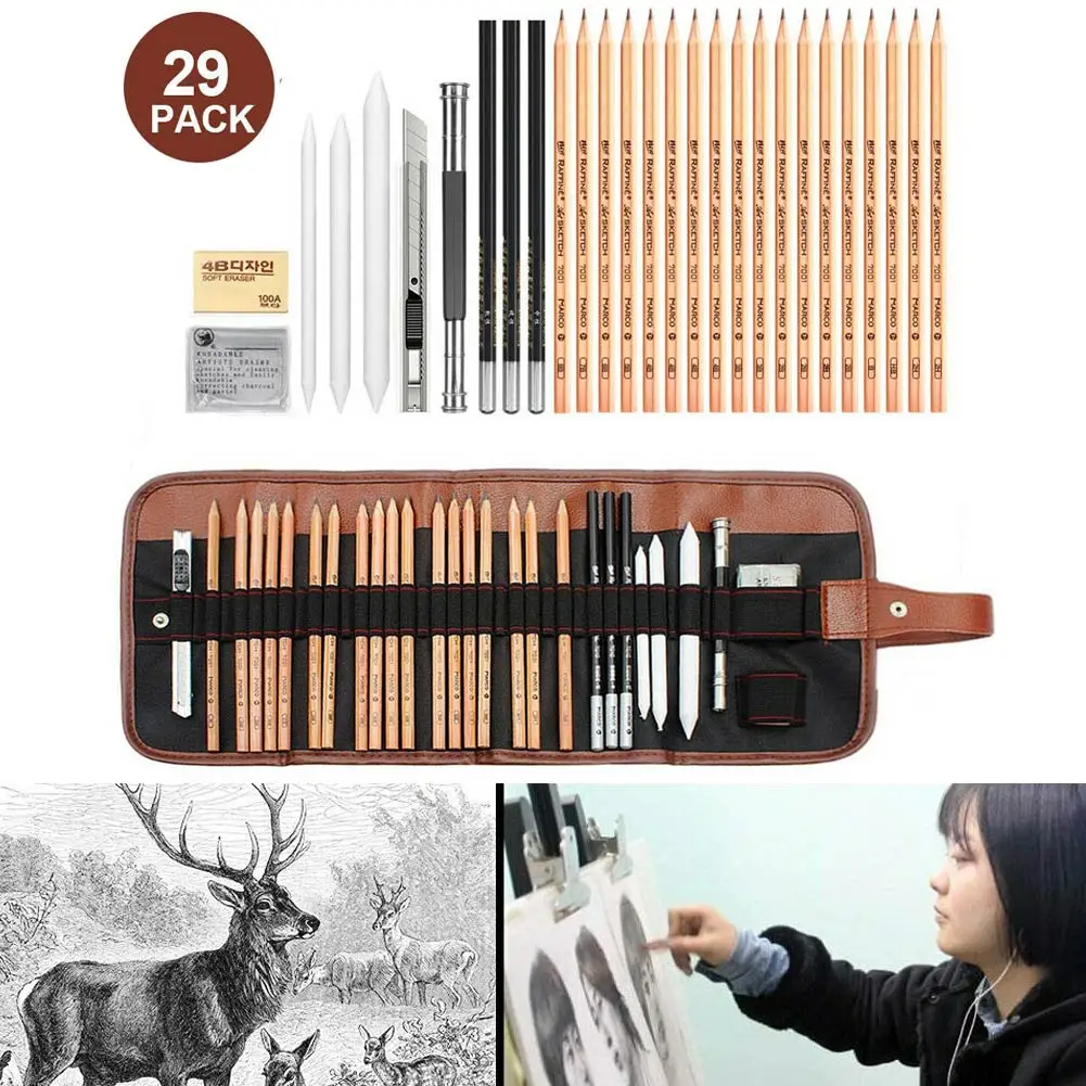 

29Pcs/set Drawing Sketching Pencils Set Full Sketch Kit with Graphite Pencils Paper Brush Pen Mark Charcoal Pencil Extender UY8