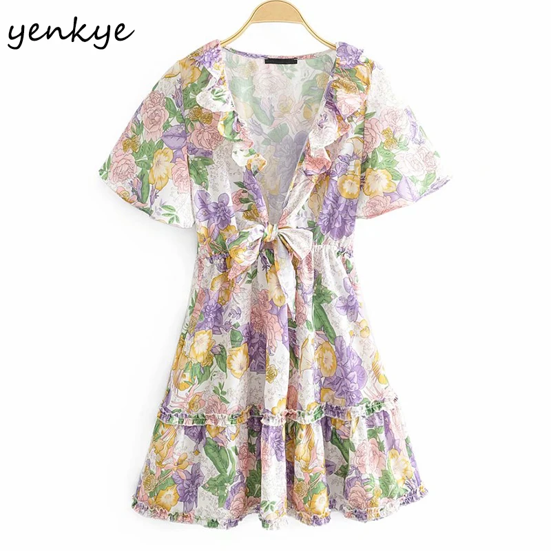 

YENKYE Holiday Summer Dress Women Sweet Ruffle Sexy V Neck Short Sleeve Vestido Mujer A-line Mini Floral Print Boho Dress