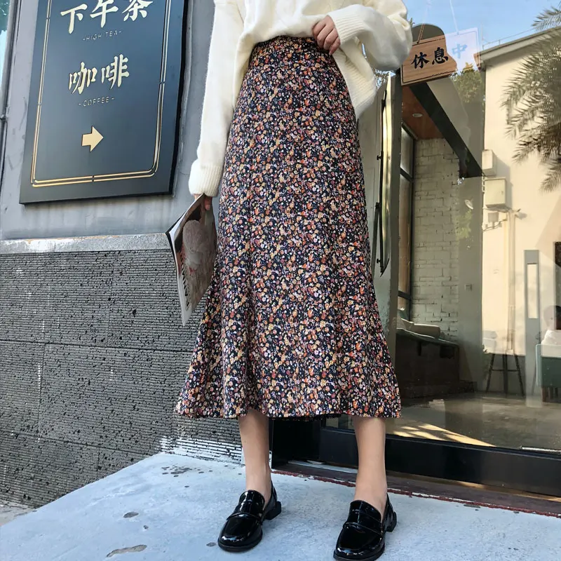 Винтажная Вельветовая осенне-Весенняя женская юбка-Русалка с цветочным принтом