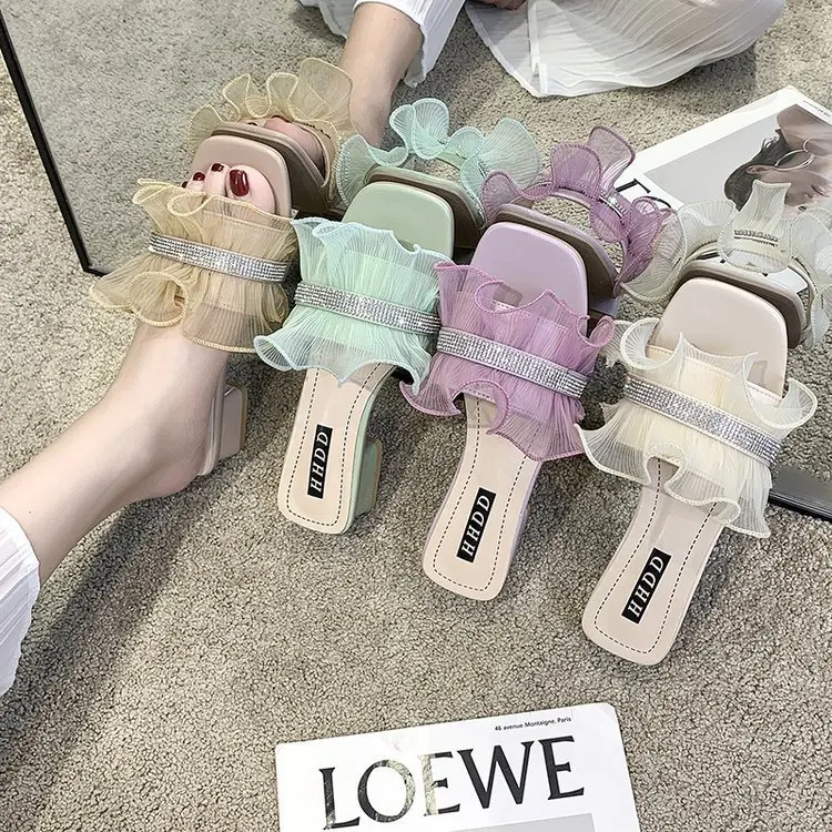 

Summer new style rhinestone lotus leaf fairy style thick heel flip flops female outer wear sandals and slippers X771