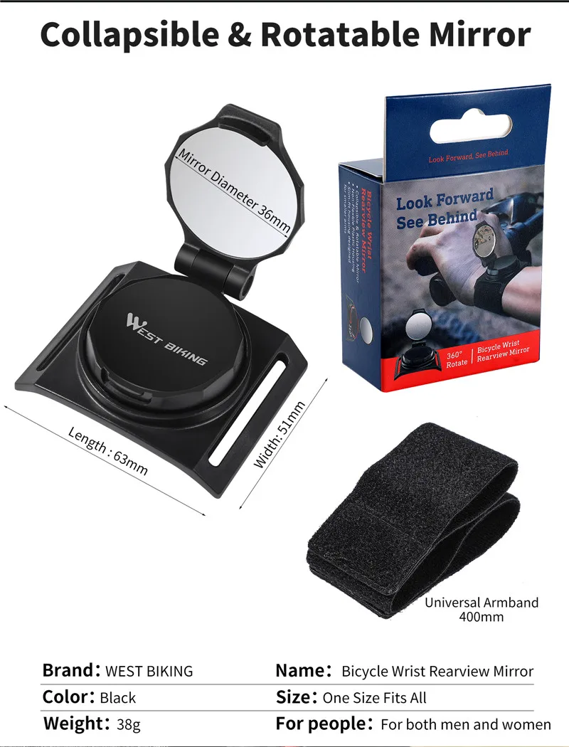 

Hand Cycling Wrist Mirror Rear View Rearview Safety Bike Arm Back Mirror 360 degrees WEST BIKING Rear Reflector Wrist Mirror