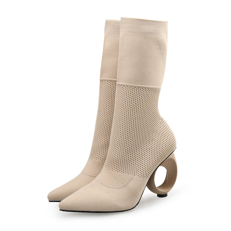 

Women Ankle Boots Slip On Sexy Ladies Pointed Toe Fretwork Heels Shoes Woman Stretch Socking Boots High Heel shoes