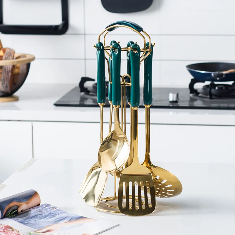 

Kitchen Light Luxury Kitchenware Set Emerald Stainless Steel Cooking Spoon Shovel Creative Ceramic Handle Kitchenware Grater