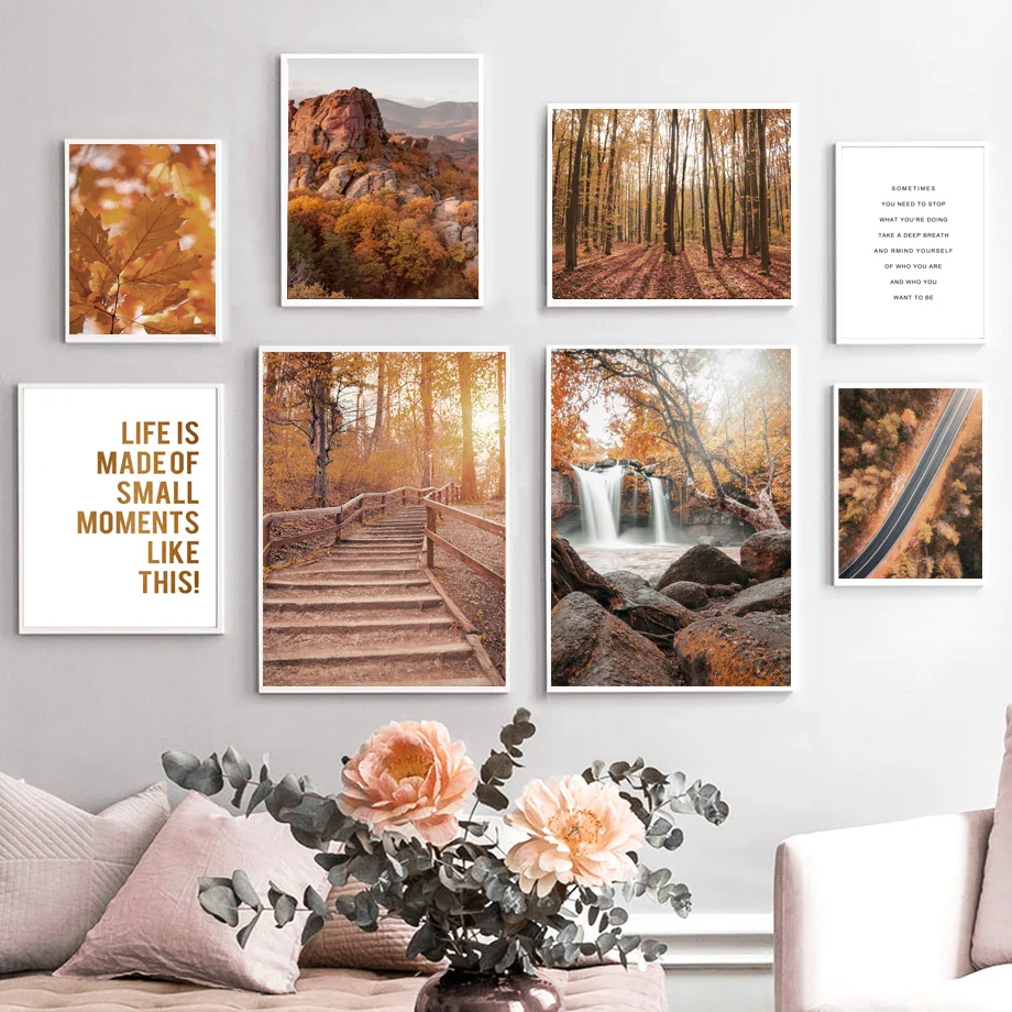 

Mountain Waterfall Forest Autumn Leaves Wall Art Canvas Painting Nordic Posters And Prints For Living Room Decor Wall Pictures
