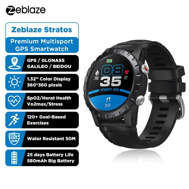

New 2021 Zeblaze Stratos Sports Smart Watch gps GPS GLONASS GALILEO Heart Rate SpO2 VO2max Stress 25 days Battery Life WR 5 ATM