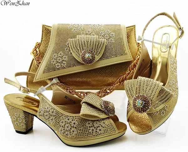 gold Новинка; Модный итальянский комплект из туфель и сумочки; ; коллекция года; фиолетовые Свадебные мягкие туфли и сумочка в комплекте; размеры 38-43; B98-5 - Цвет: gold