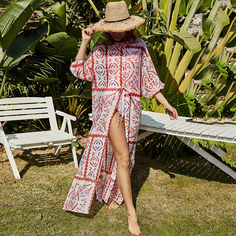 

Summer sexy thin swimsuit blouse long split elegant ankle long sleeve sunscreen cardigan beach skirt