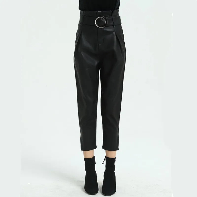 Харадзюку женские шаровары из искусственной кожи с поясом высокая талия уличная