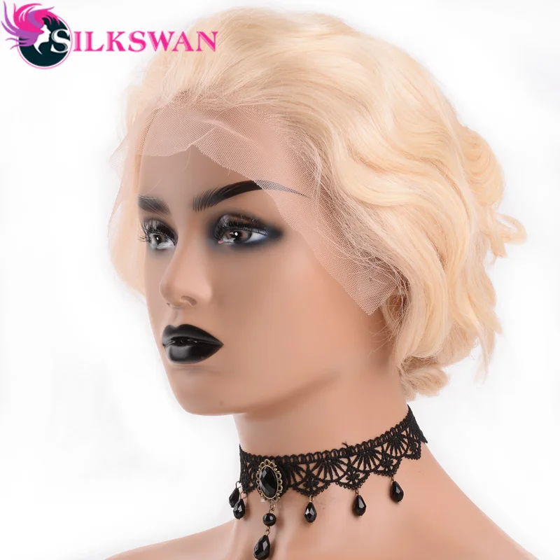Silkswan волосы короткие Pixie срезанные Парики 150 плотность#613 блонд цвет для женщин натуральные 13*4 человеческие волосы парики бразильские волосы remy