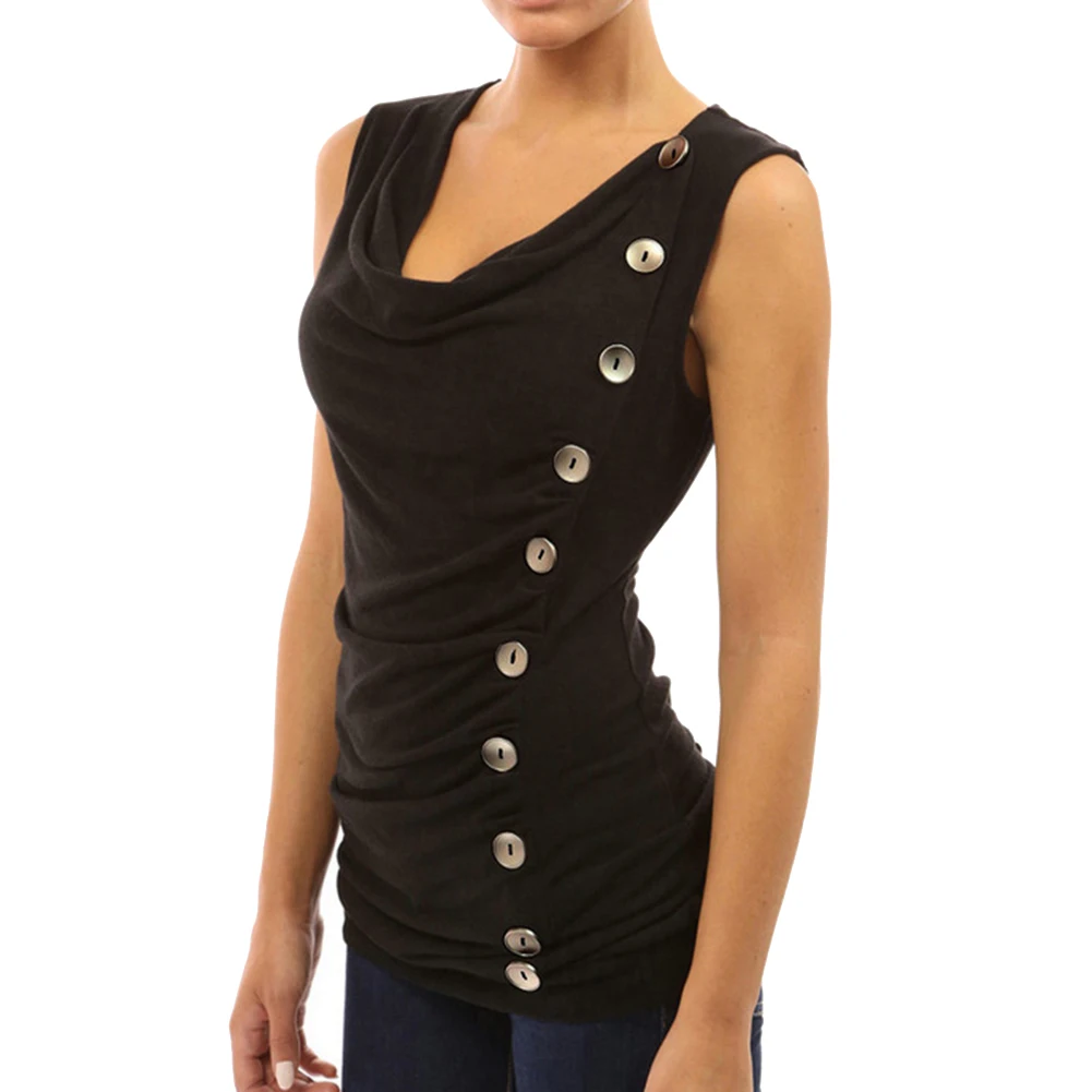 Повседневный Женский Асимметричный топ без рукавов с пуговицами и складками