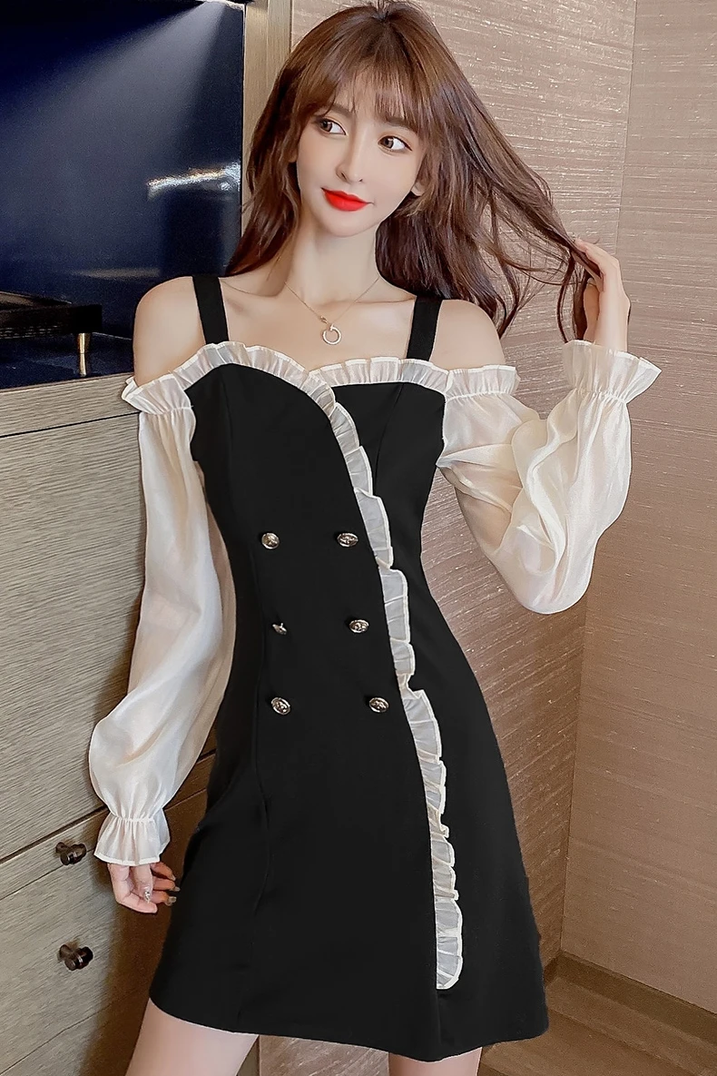 

COIGARSAM Sexy Patchwork Women dress Spring Full Sleeve Spaghetti Strap Dresses Black 5127