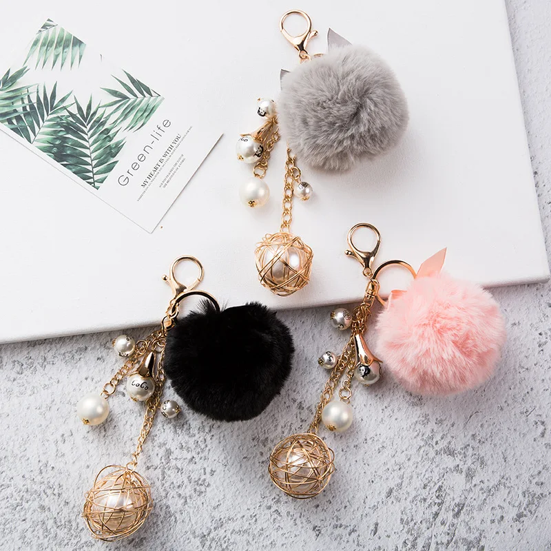 

2021 New Creative Rabbit Hair Ornament KeyRing Women Key Chain Fashion Pearl Keychain Women 's Fashion Bag Pendant