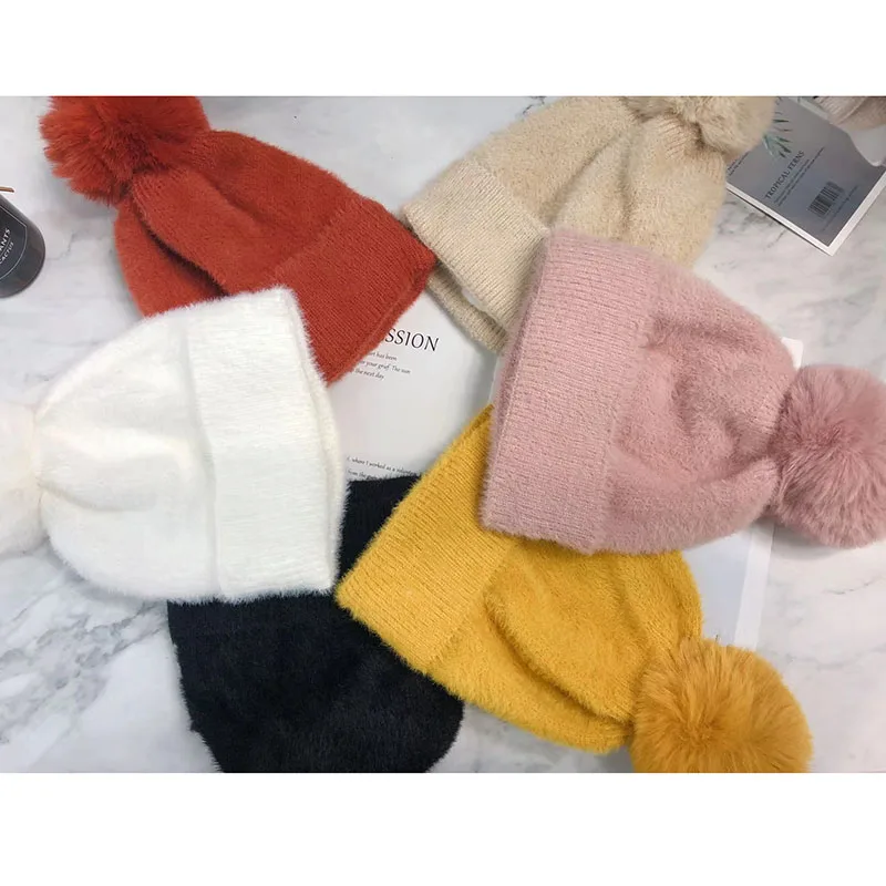 VISROVER 7 colorsways акриловая зимняя Женская шляпка зимние Шапки с меховым помпоном для Для женщин вязаная шапка куполообразная шапочки обувь на теплом меху шапки
