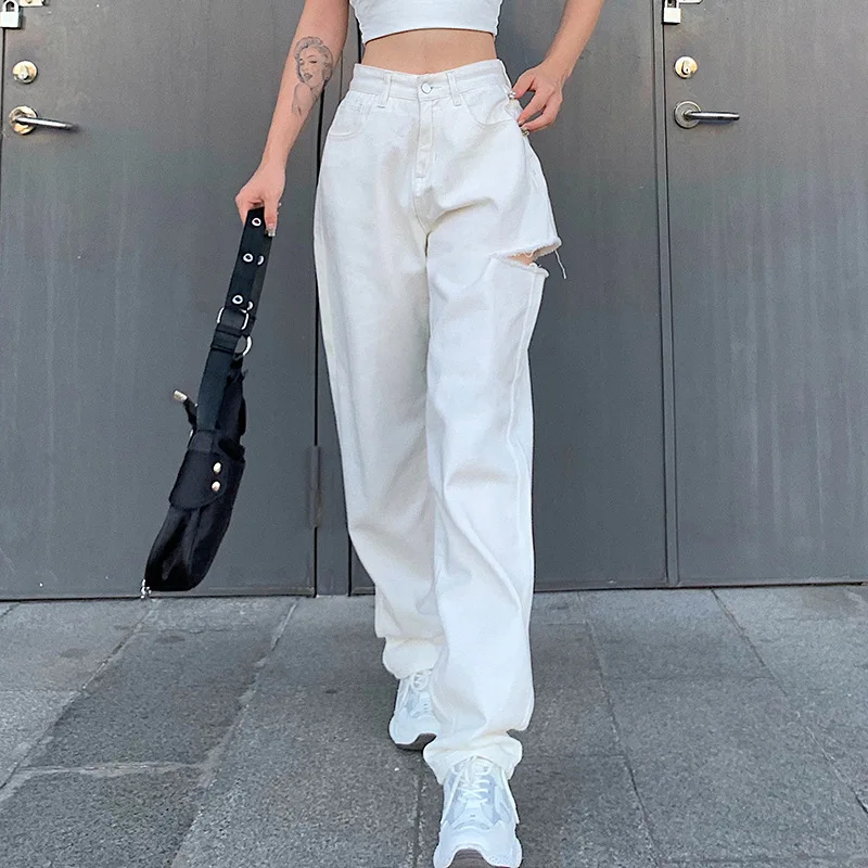 

White Streetwear Women Hole Ripped Jeans High Waist Trousers Casual Straight Leg Jeans Woman Cargo Pants Baggy Harajuku Jeans