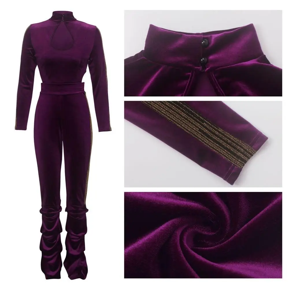 Женский бархатный комбинезон с длинным рукавом однотонный вырезами спереди и