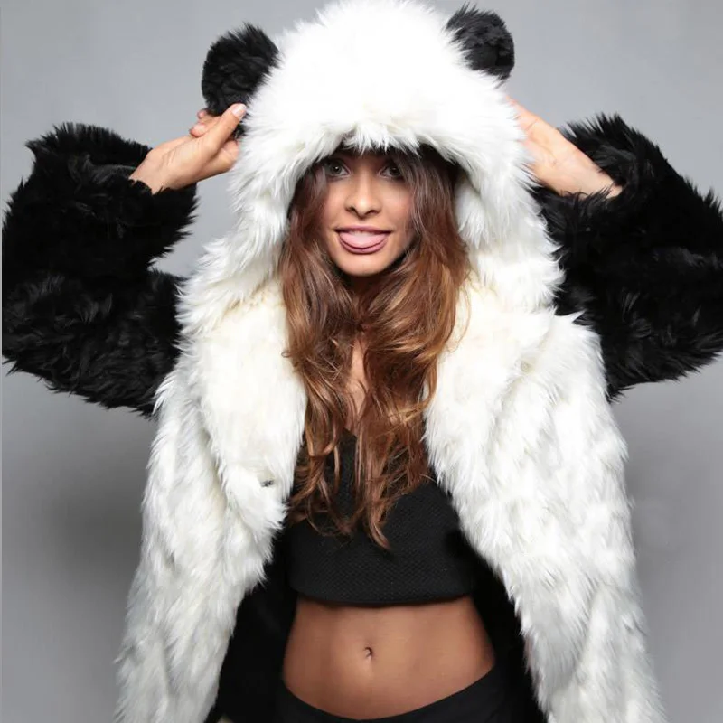 Faux Fur Hooded Women's Coats Black Cute Panda Ear Warm Thicken Hoody Jackets Winter Long Sleeves Lady Elegant Short Overcoat