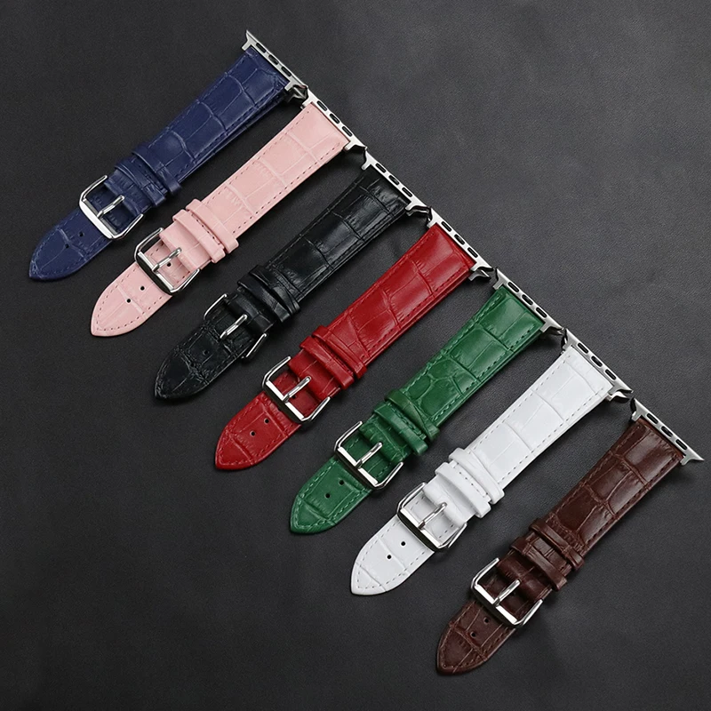 

Animal Skin Genuine Leather Watch Strap 38mm 40mm 42mm 44mm Band for Iwatch Apple Smart Watch Wrist Belt Green Pink White Color