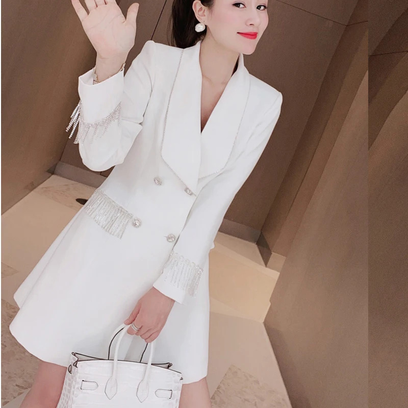 

Blazer Dress 2020 Autumn New Double-breasted Long Sleeve British Style Trench Women Office Lady Tassel chain Deco Solid Outwear