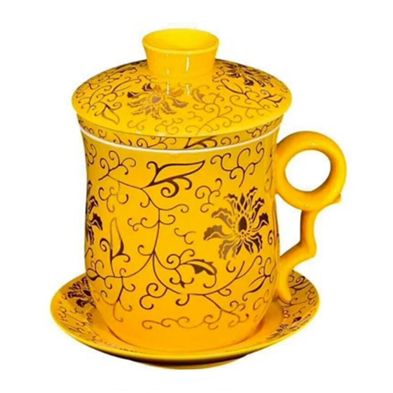 

S et of Chinese Pattern Tea-Mug with Strainer Infuser and Lid and Saucer Ceramic 37MF