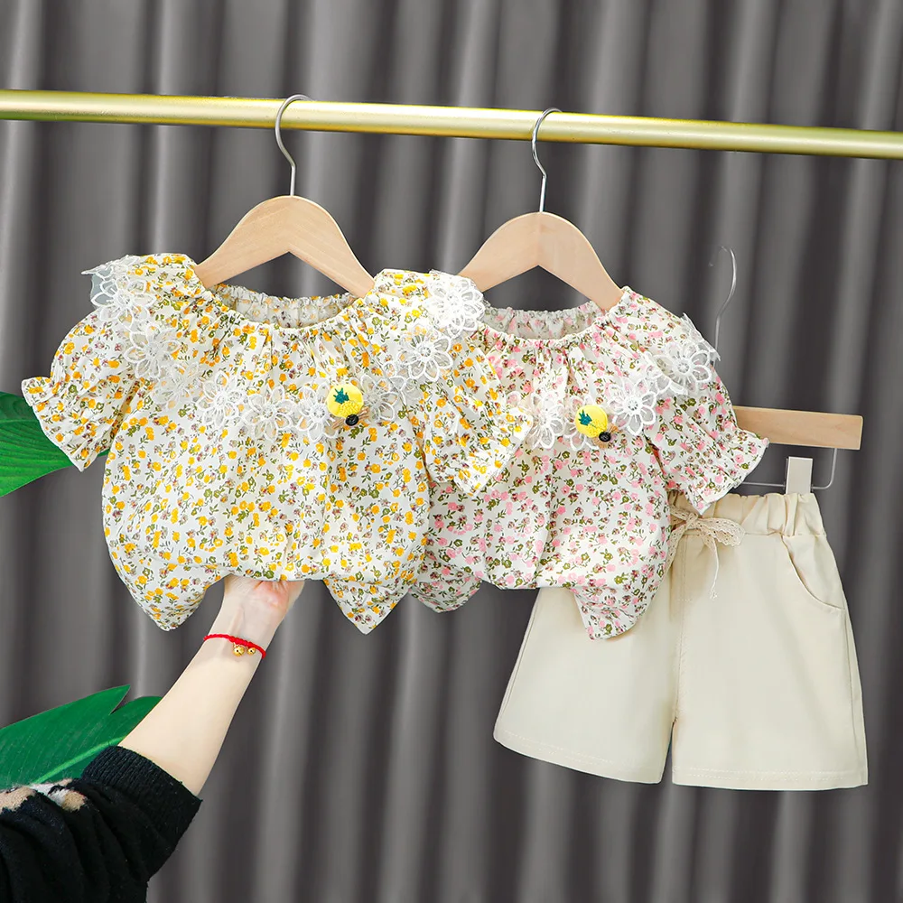 

Kids Baby Girls Summer Embroidery Flower Ruffle Tops T-shirts Solid Belt Short Pants Toddler Children Clothes Sets 2pcs 6M-5Y