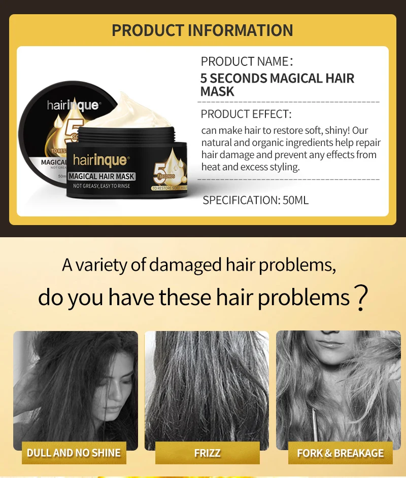 HAIRINQUE волшебная маска для волос увлажняющая питательная 5 секунд восстановление мягких волос поврежденные Reapir кератин Уход за волосами и кожей головы