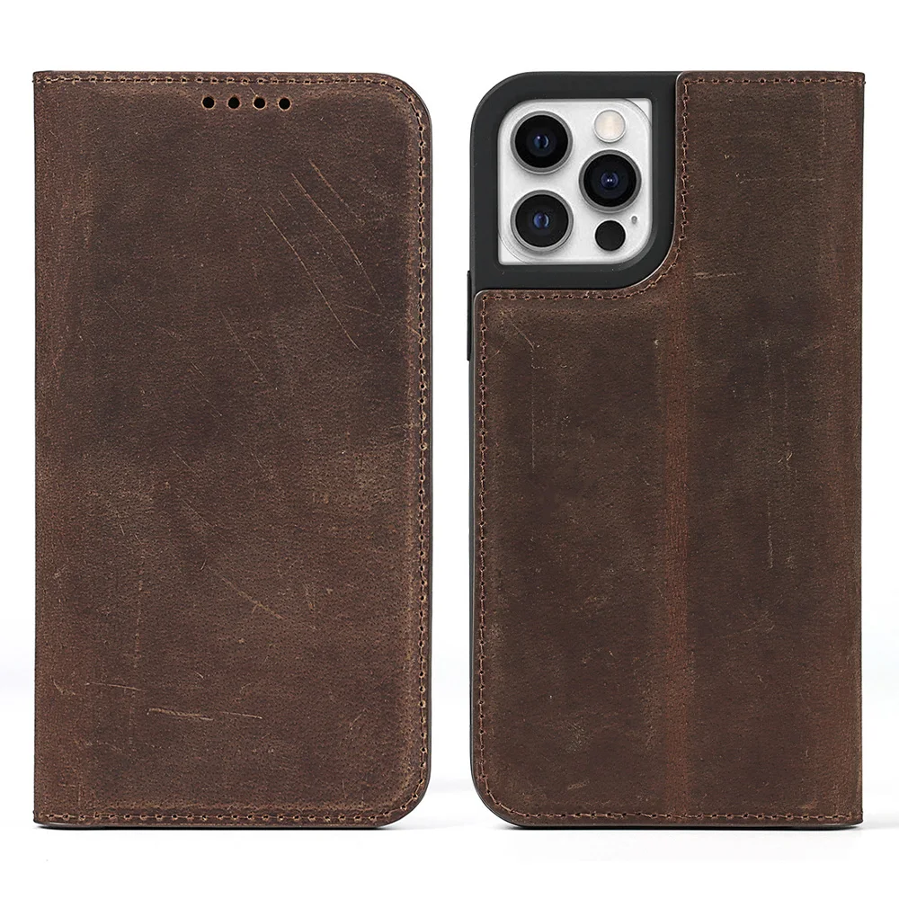 

YMW for iPhone 12 Pro Leather Case Flip Wallet Genuine Vintage Retro Crazy Horse Cowhide 13 11 Case Handcrafted Fully Phone Bag