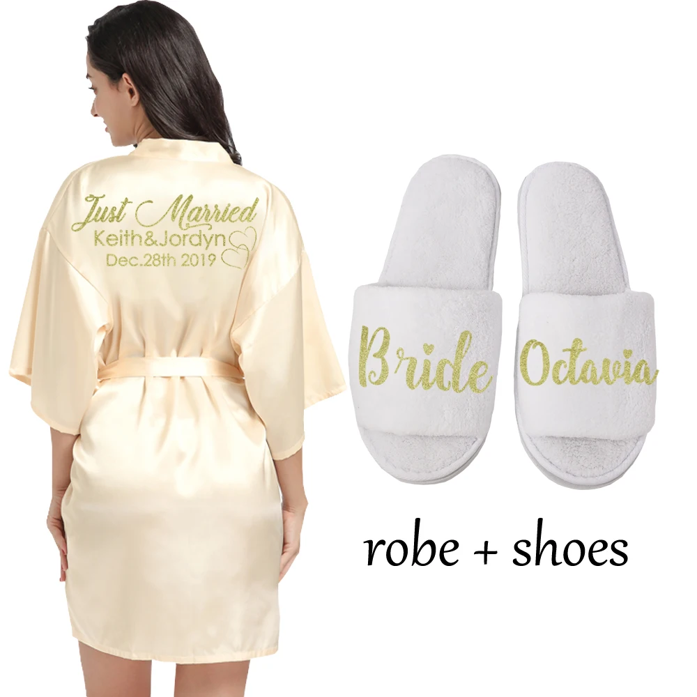 Champagne robe shoe Индивидуальный Логотип Weddin Дата имя искусственный шелк кимоно халат для женщин Свадебные невесты халаты девичник свадебная одежда - Цвет: Champagne robe shoe