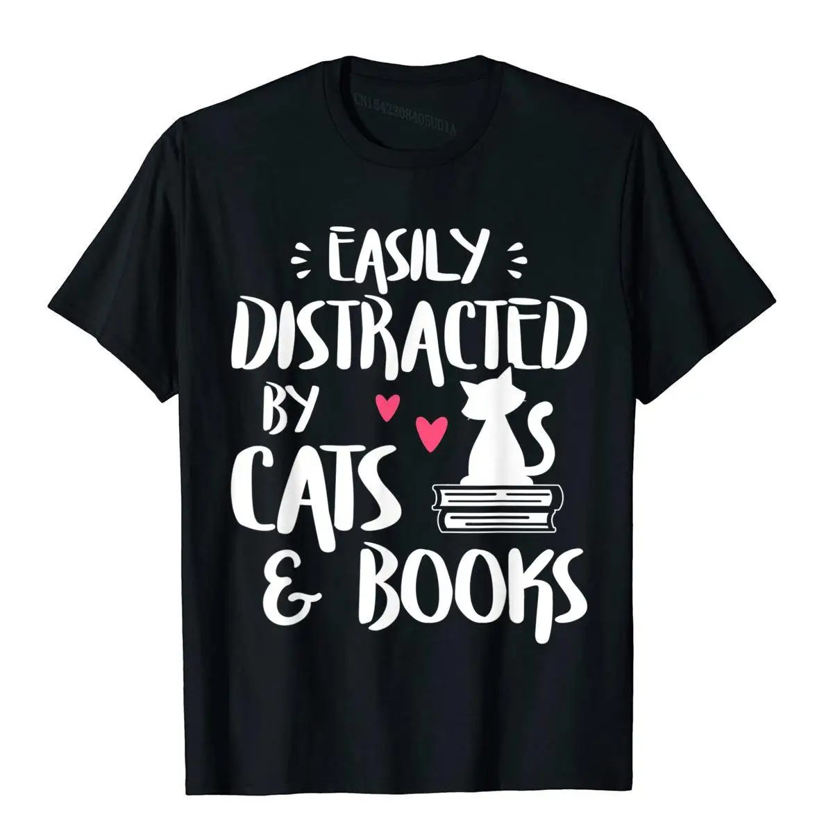 

Easily Distracted By Cats And Books Cat Book Lover T-Shirt New Arrival Men T Shirt Cotton Tops Shirts Unique