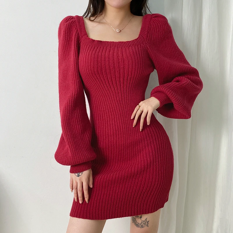 

Women Casual Knitted Sweater Dress Solid Color Long Puff Sleeve Square Collar Mini Dress Autumn Knitwear