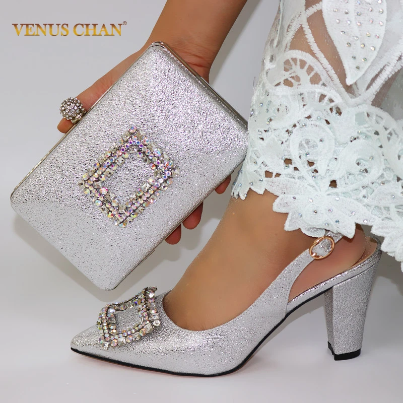 Новое поступление 2020 модные итальянские туфли и сумки серебристые женские с