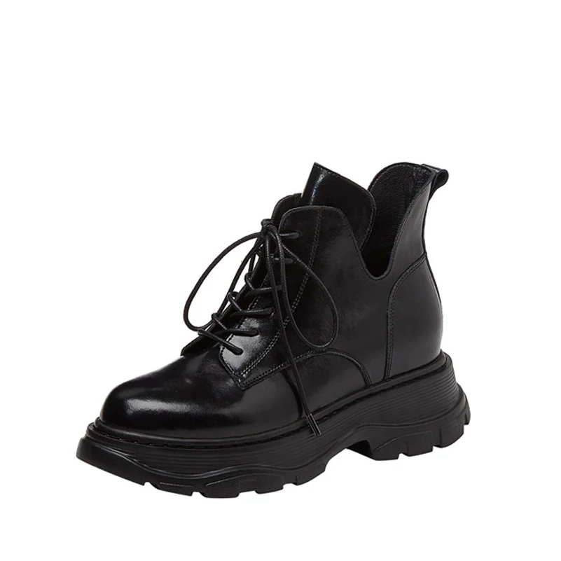 

FOREADA Flat Platform Ankle Boots Woman Motorcycle Boots Lace Up Short Boots Zip Round Toe Female Shoes Autumn Wine Red Size 40