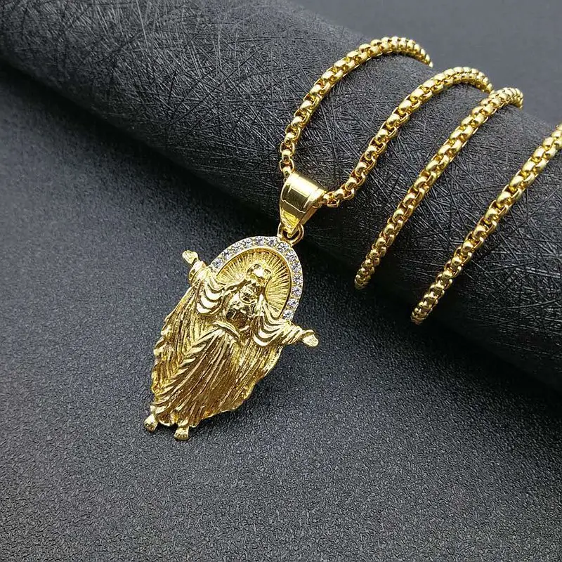 Iced Out Catholic Jesus Christ Necklace & Pendant Stainless Steel Chain Gold Color Bling Cubic Zircon Men's Hip hop Jewelry Gift
