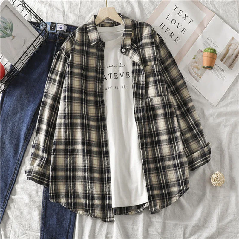 

Женские топы и блузки с длинным рукавом на весну и осень, женская Свободная рубашка в клетку в стиле бойфренда