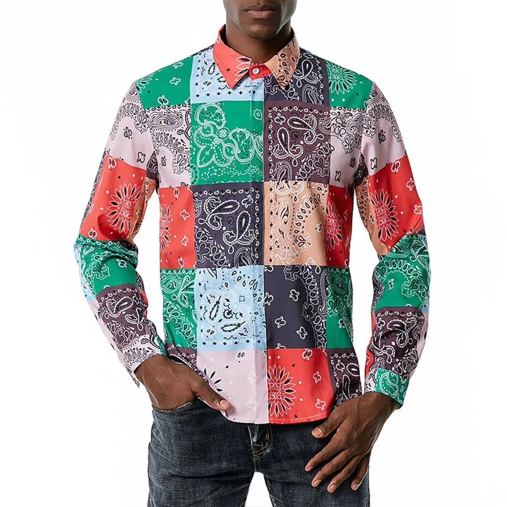 

Men Clothing Autumn Fashion Shirts Casual Long Sleeve Beach Cashew Printed Tops Blouse Camisas Harajuku Мужская Одежда New#QQ