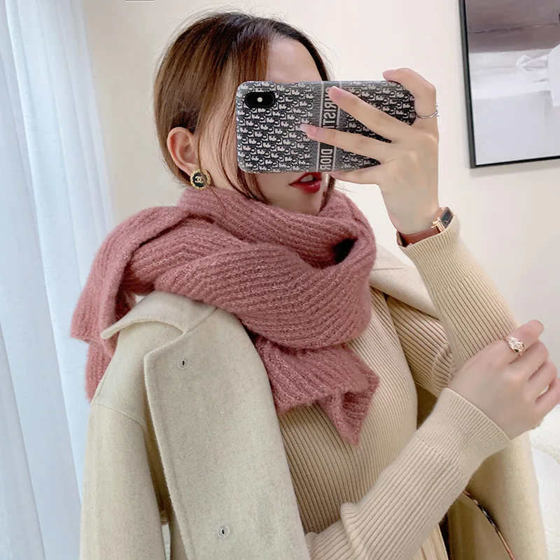 

2021Korean wavy winter imitation cashmere warm women's scarf simple solid color fashion soft scarf thickened with oversizedShawl