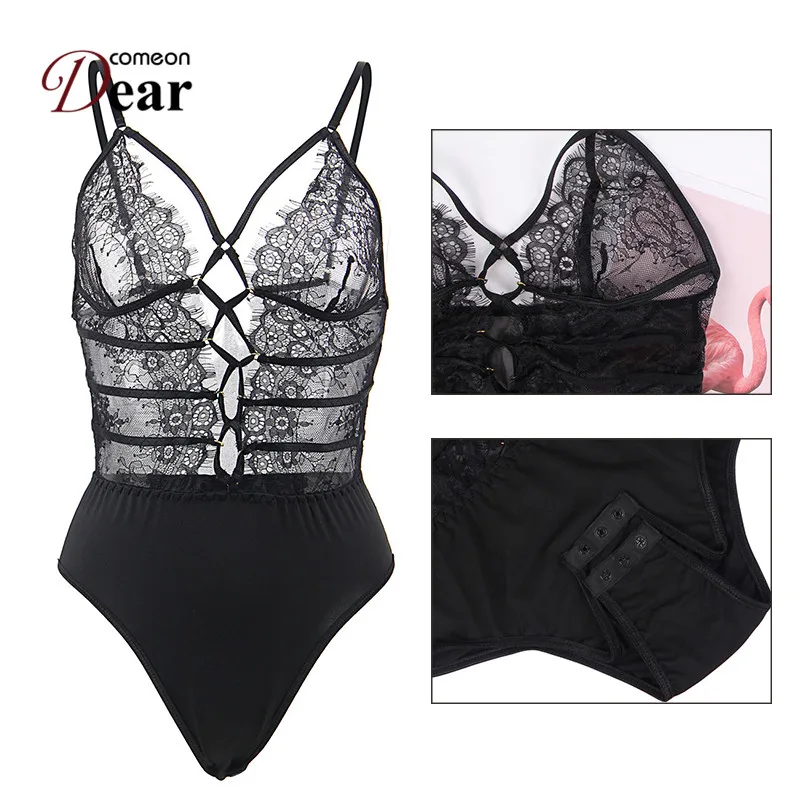 

Comeondear Lace Sexy Bodysuit For Women Jumpsuit Straps Plus Size Body Mujer Floral Sleeveless Female Body For Women RB80821