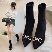 2022 tghdof new winter womens shoes knitted mid calf socks boots pointed toe stiletto elastic designer womens boots 35 40