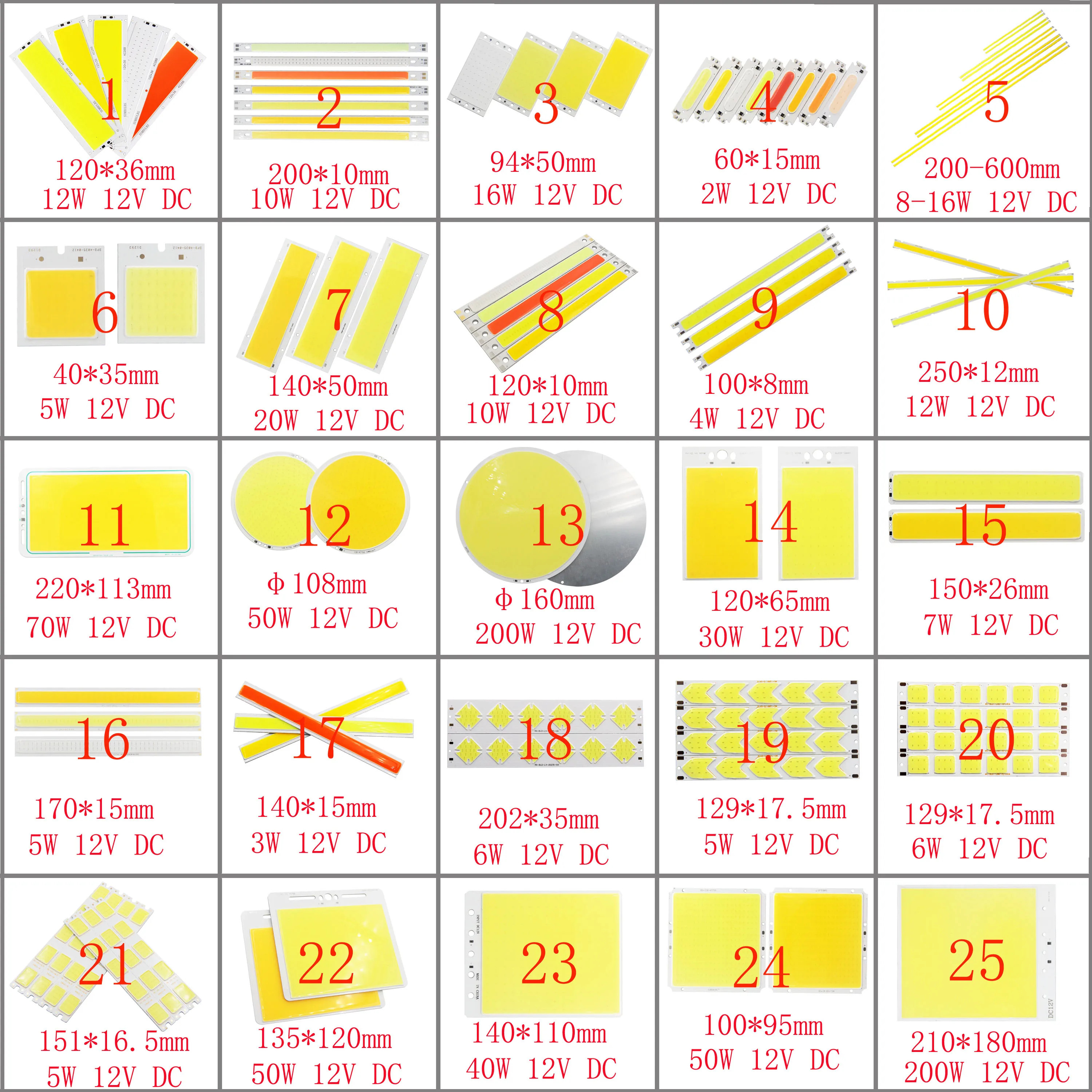 DC 12V All Size COB LED Strip Panel Light 2W-300W Module Bar Bulb for DIY Night Stage Effect Lamp