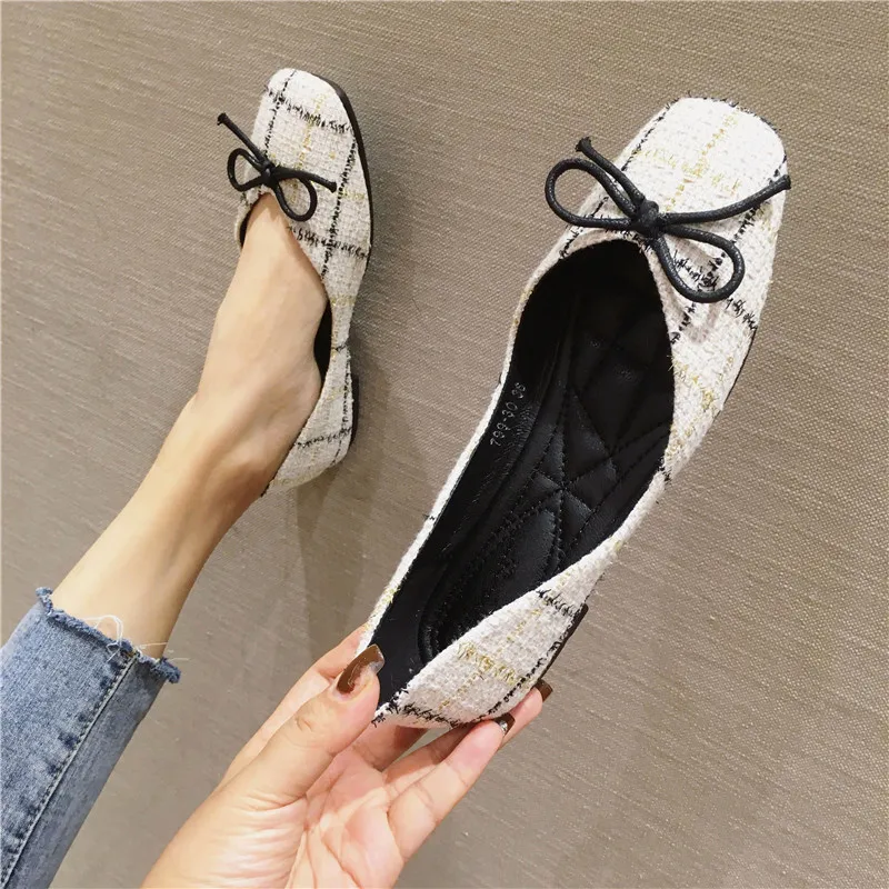 Женские туфли лодочки в клетку на плоской подошве с квадратным носком|Обувь без